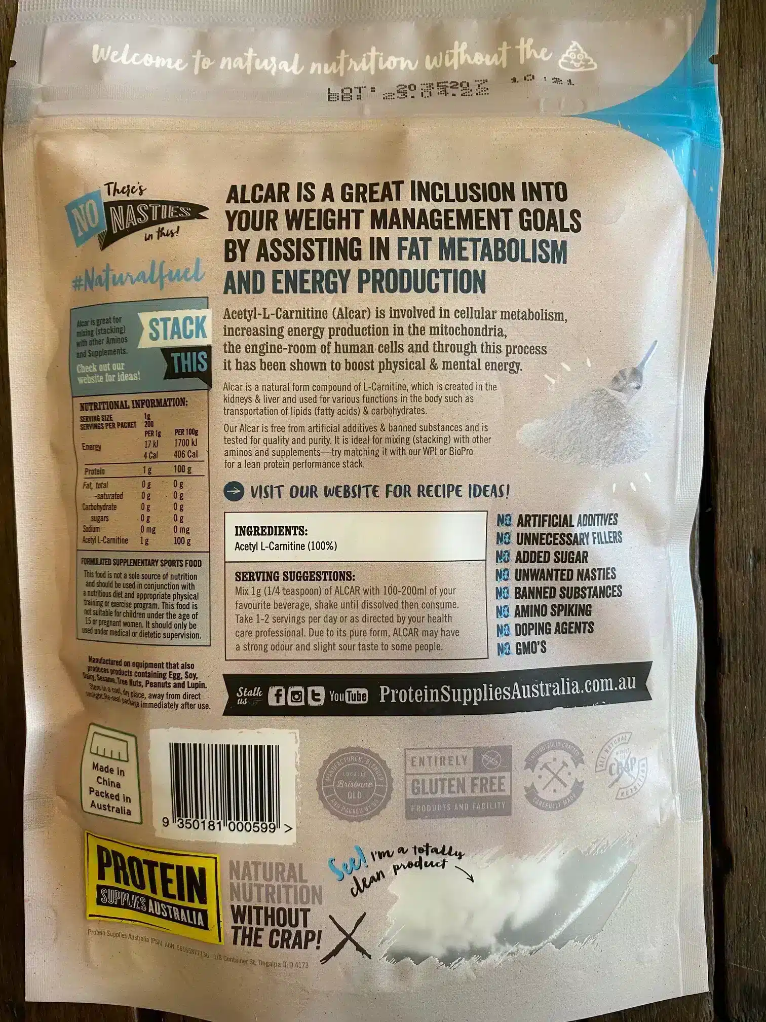 Protein Supplies Australia, ALCAR (Acetyl-L-Carnitine), 200g