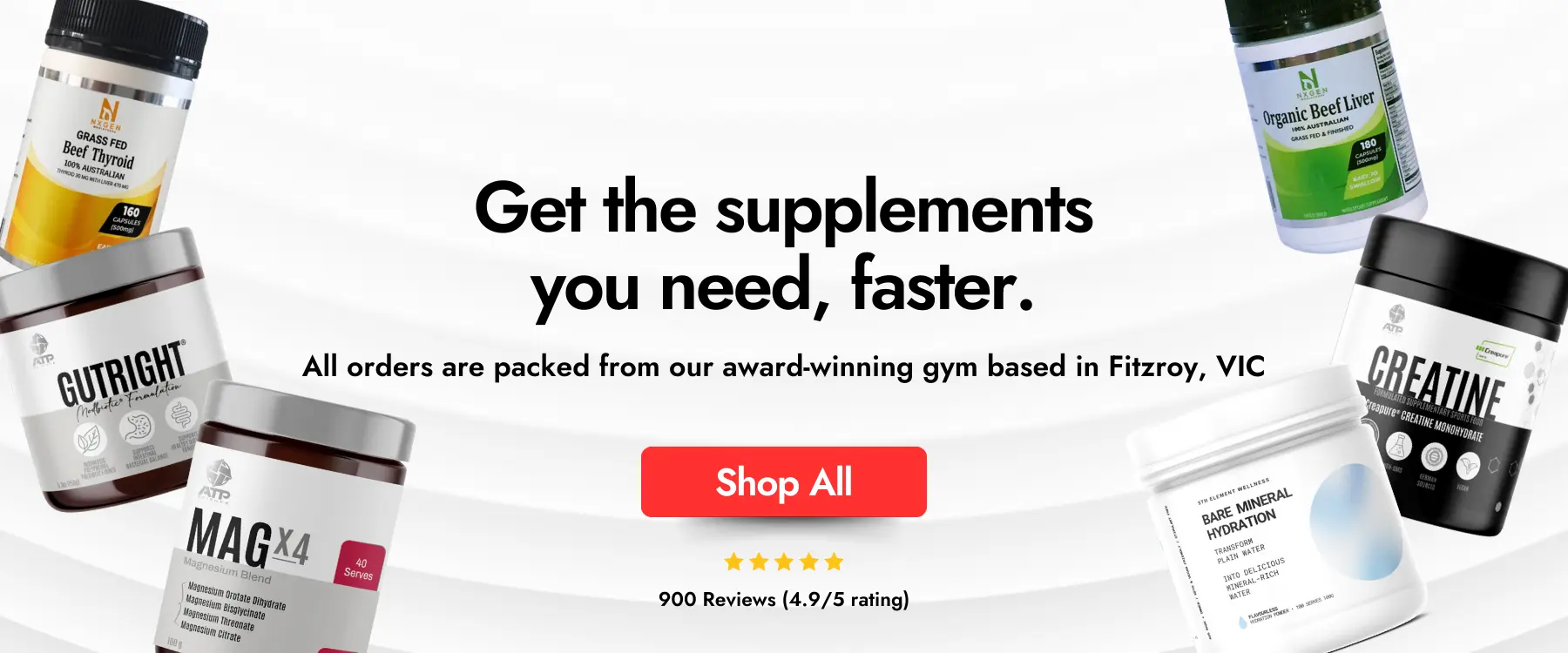 Banner for 5th Element Wellness supplement store featuring ATP Science products, fast delivery from Fitzroy gym, and 4.9-star reviews
