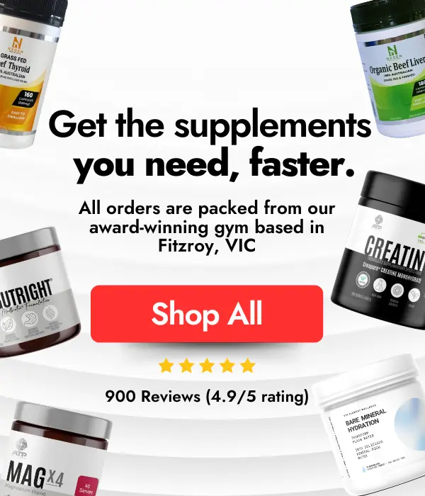 Banner for 5th Element Wellness supplement store featuring ATP Science products, fast delivery from Fitzroy gym, and 4.9-star reviews